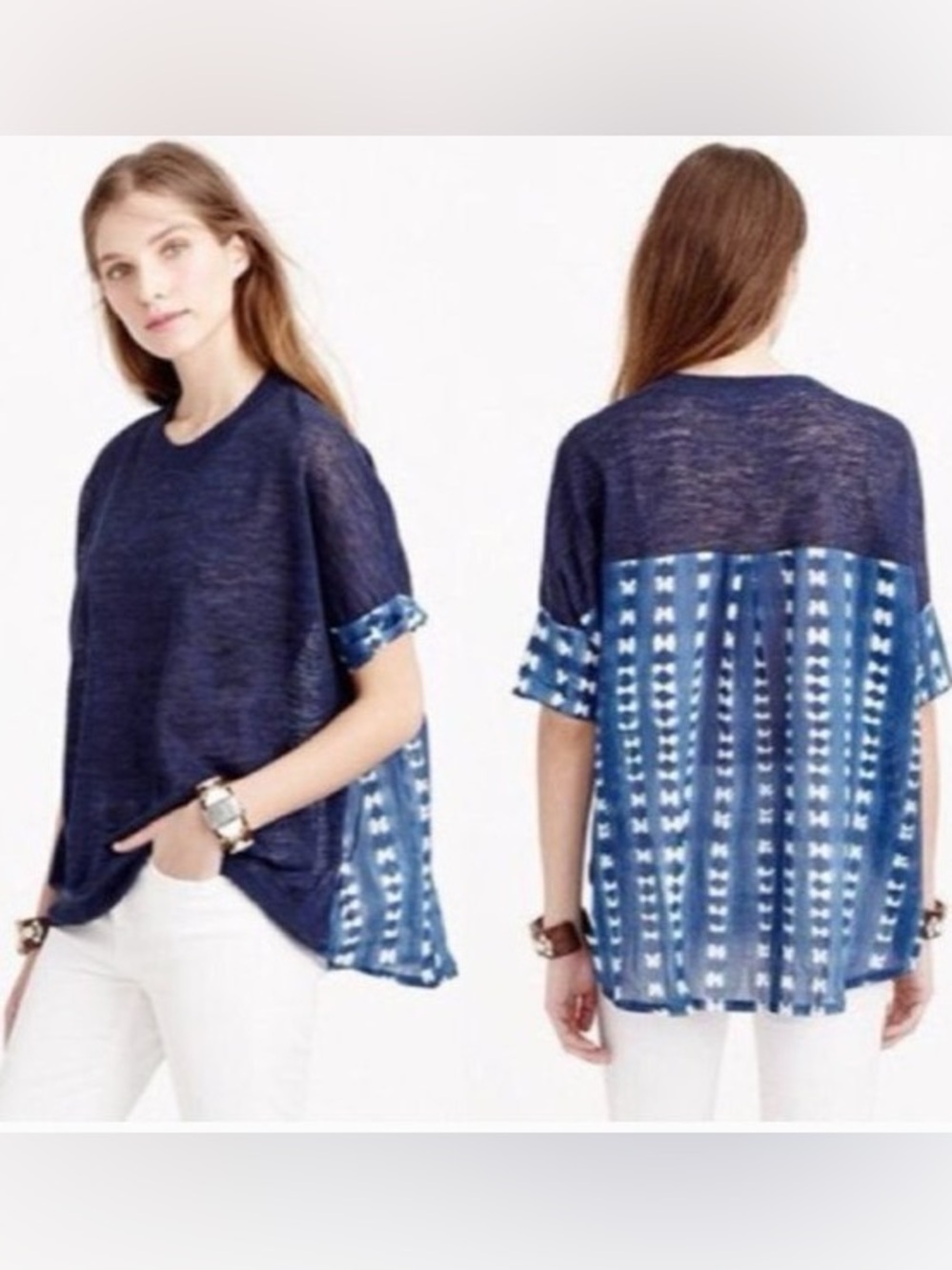 2/$25 J. Crew Navy Short-Sleeve Sweatshirt with Blue Tie-Dye Inset